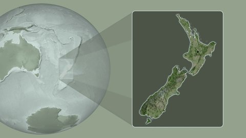 New Zealand area bounds outlined on the end cap of rectangular tube and animated against the spinning satellite globe