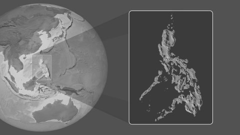 Philippines area bounds outlined on the end cap of rectangular tube and animated against the spinning bilevel globe