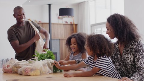 Father Returns Home From Shopping Trip As Mother Helps Children With Homework On Kitchen Table Video de stock