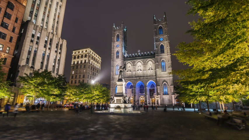 Hyperlapse video of Montreal city near the Notre Dame Cathedral by night Royalty-Free Stock Footage #1029536432