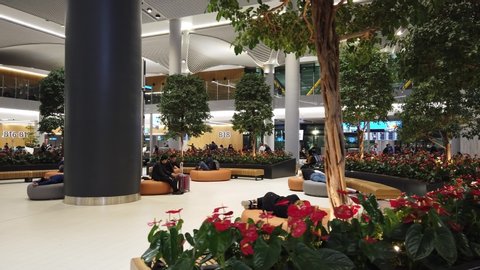 Istanbul, Turkey - April 19, 2019: round view of relaxing waiting room of Istanbul Airport. The Istanbul Yeni Havalimani airport is hub of Turkish Airlines. Annual passenger capacity of 90 millions