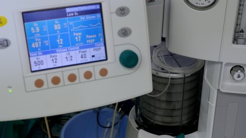 Close-up of using anesthesia machine in operating room, 4k shot