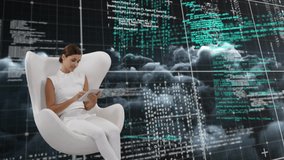 Digital composite of a Caucasian woman sitting in a white chair while binary and program codes move in the foreground and background of dark clouds - Powered by Shutterstock - Get 15% off with code: PIKWIZARD15