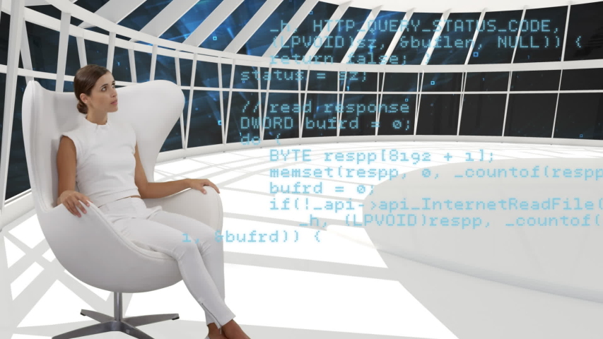 Digital composite of a Caucasian woman sitting in a white room while program codes move in the screen