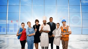 Digital composite of diverse professionals standing close together with background of square patterns and different graphs - Powered by Shutterstock - Get 15% off with code: PIKWIZARD15