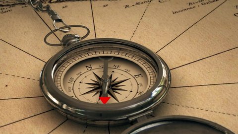 Antique compass on vintage world map. Adventure stories background. Retro style. 3d animation