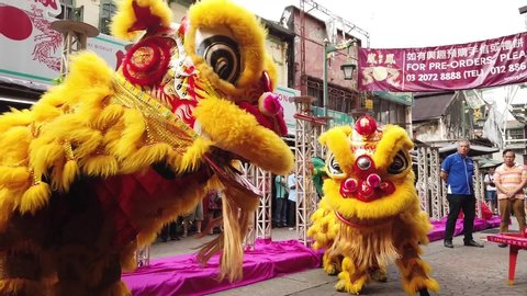 Kuala Lumpur, Malaysia Feb 7 2019:  Lion dance show on first day of Chinese New Year Festival in Petaling Street.
