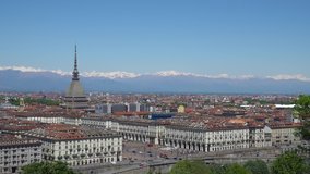 Turin, Torino, aerial skyline panorama with Mole Antonelliana, Monte dei Cappuccini and the Alps in the background. Italy, Piemonte, Turin.
