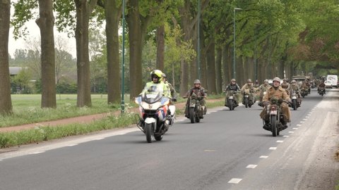 Het Gooi, the Netherlands - may 5, 2019: Convoy parade of military vehicles during liberation day in Holland