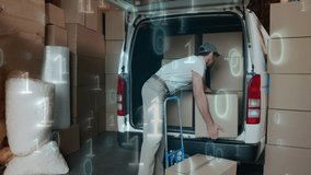 Rear view of a Caucasian deliveryman loading packages in the back of a van. Digital animation of binary codes are flying around in the foreground - Powered by Shutterstock - Get 15% off with code: PIKWIZARD15