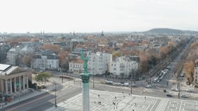Heroe's Square in Budapest, Hungary aerial stock 4K video. 
Andrassy Avenue in the background in winter. 
RAW footage for creators to color grade and control the look of your project (dlog, d log).