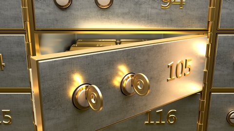 Camera showing safety deposit box door opening and a stack of fine gold bars laying inside the deposit box