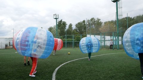 DNIPRO, UKRAINE-May 10, 2019: Goal combination on bumperball zorbsoccer outdoor. party time, May 10, 2019 in Dnipro Ukraine