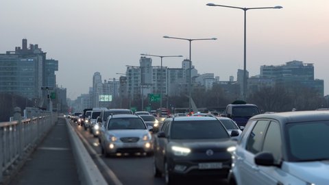 South Korea - February 21, 2019 : Traffic conditions on Seoul's Yanghwa Bridge during the evening rush hours