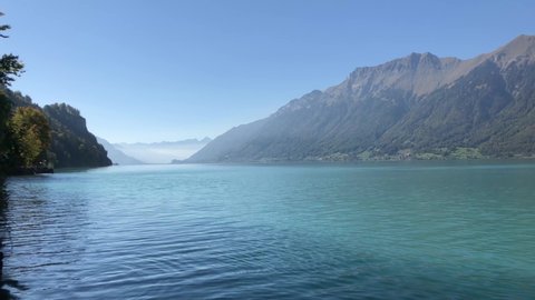 Beautiful view from the border of Lake Brienz towards Interlaken.