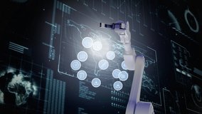 Digital composite of a robot arm holding a globe and internet icons flying flying it. The background is a screen with statistics - Powered by Shutterstock - Get 15% off with code: PIKWIZARD15