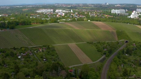 Aerial around the Schnarrenberg (vineyards) in spring  in Stuttgart, Germany.