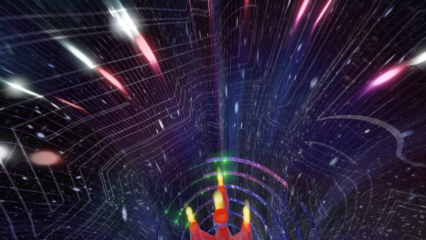 Colorful wormhole space tunnel loop with a cute red retro rocket flying through very fast - 3D illustration