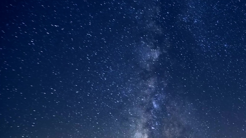 Blue night starry sky, milky way, rotation stars line in horizon, time lapse footage, fast motion meteor shower.