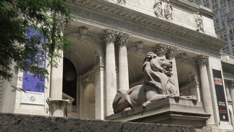 New York, New York / United States - 06 24 2018: New York City Public Library Wide Shot