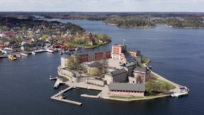 Vaxholm Fortress swedish castle on island in aerial 4k drone view. Historic fortification on the island of Vaxholmen in the Stockholm archipelago,. Military fort.