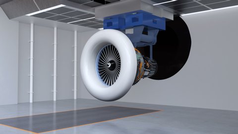 Wireframe rendering of aeroengine test cell. Digital twin concept. 3D rendering animation.
