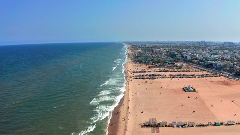 Drone Aerial View of Elliots Besant Nagar Beach in Chennai Tamil Nadu India