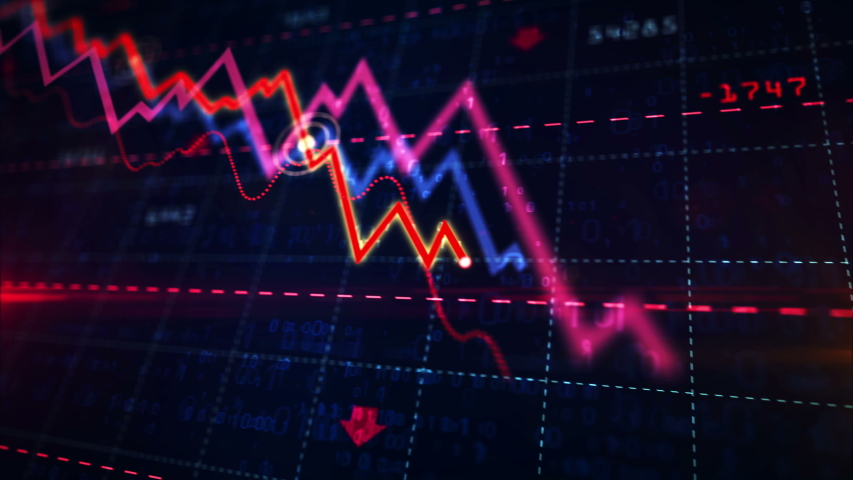 Stock markets down dynamic chart on dynamic blue background. Concept of financial stagnation, recession, crisis, business crash and economic collapse. Downward trend 3d animation. Royalty-Free Stock Footage #1029607169