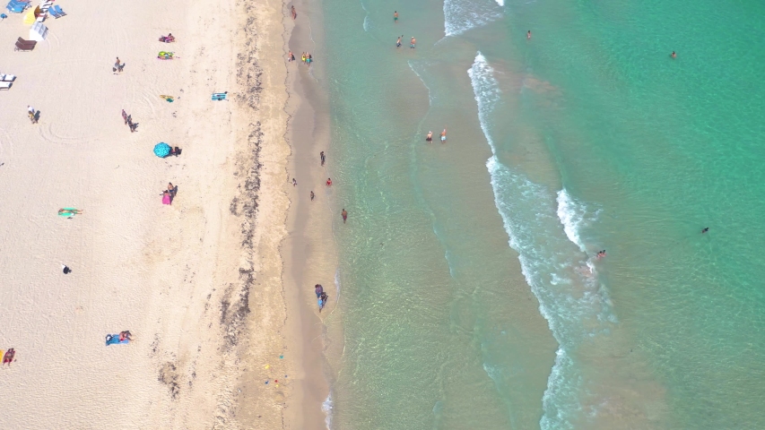 MIAMI, FLORIDA, USA - MAY 2019: Aerial drone panorama view flight over Miami beach. South Beach sand and sea from above at sunny day. Beach chairs and umbrellas on the coastline. | Shutterstock HD Video #1029610247