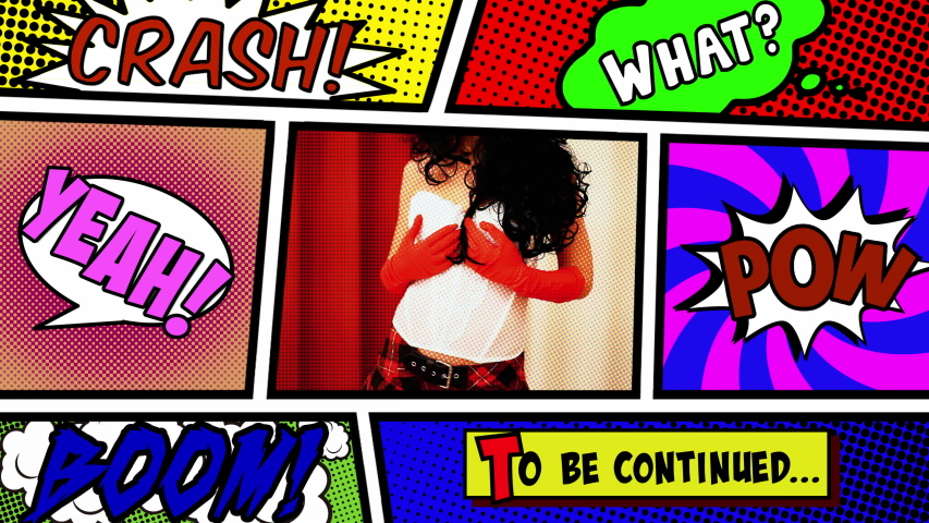 Inside a panel of a comic book page: a sexy woman wearing lingerie (a white corset, a short skirt), caressing her body.
