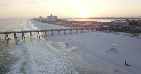 Sunset in Pensacola beach, Florida. Drone shot at golden hour. 