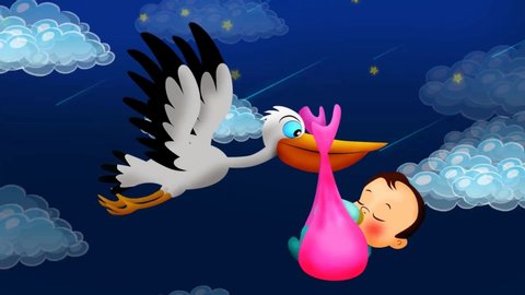 Stork flying holding a bag with a baby, loop video screen background.