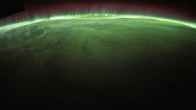 Planet Earth view seen from the International Space Station with Aurora Borealis on April 2018, Time Lapse. Images courtesy of NASA Johnson Space Center.  Zoom in motion timelapse.
