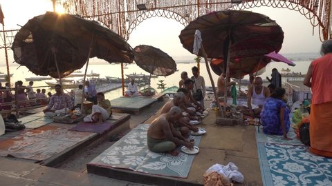 Varanasi / India 25 April 2019 People are performing Pind Daan on Dashaswamedh Ghat at kashi Uttar Pradesh   