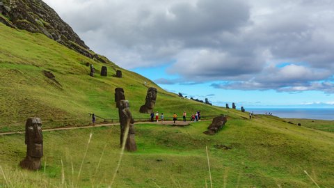 Moai quarry time lapse in Rapa Nui island with many statues in different state