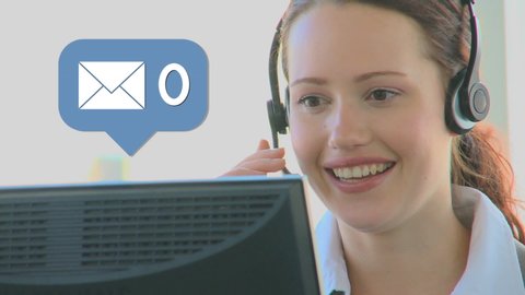 Digital composite of a Caucasian call center representative talking while using at a computer and a message icon with increasing numbers