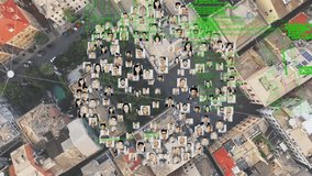 Digital animation of multi-racial profile icons connected by lines while background shows an aerial view of a city - Powered by Shutterstock - Get 15% off with code: PIKWIZARD15