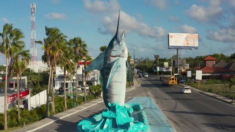 Landmark of the Dominican Republic. Blue marlin symbol fish of Punta Cana. Monument in the center of Punta Cana blue marlin 10 May 2019. License Editorial. Tour of Punta Cana, the most beautiful place