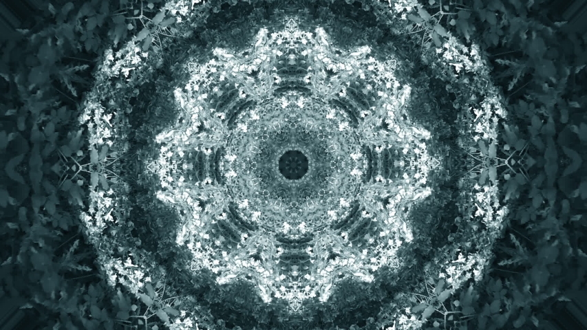 Abstract kaleidoscope motion background. Sequence multicolored graphics ornaments patterns. Blue white sequins motifs. Seamless loop. Looping structure backdrop, Nice seamless loop background.