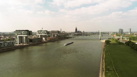 Aerial view on the Rheinauhafen and Rhine river in Cologne Germany