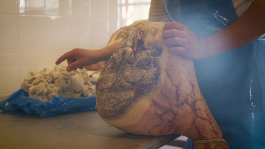 Worker who lays down lard (sugna) on the top of Ham, in a Ham Factory