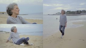 Collage of long and medium shots of grey-haired old woman wearing casual clothes, walking along seashore, sitting on sand, enjoying time. Holiday, lifestyle concept