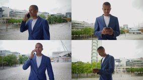 Collage of smiling Afro-american man in navy blue suite and white T-shirt walking outside, talking and texting on phone, receiving good news, looking excited. Lifestyle, communication concept
