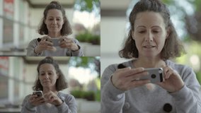Collage of excited middle-aged Caucasian woman receiving good news on phone, finding problem solution, saluting, laughing. Communication, joy concept