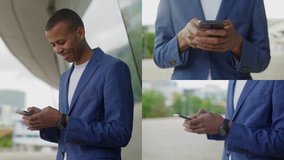 Collage of medium and close up shots of smiling Afro-american man in navy blue suite and white T-shirt standing outside, typing on phone. Work, communication concept