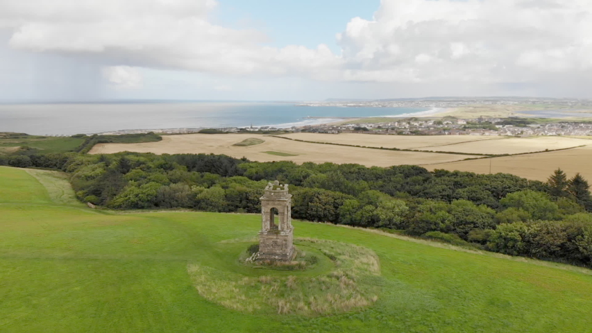 Orbit shot of the mausoleum near the Downhill House ruins