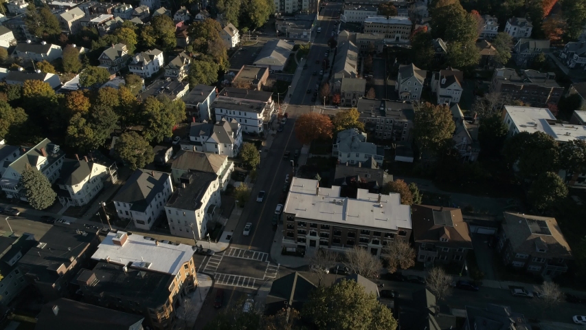 Boston Massachusetts City Skyline Sunny Sunset Fall Autumn Aerial 4K