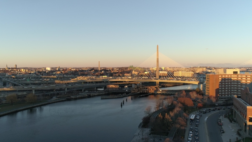 Boston Massachusetts City Skyline Sunny Sunset Fall Autumn Aerial 4K