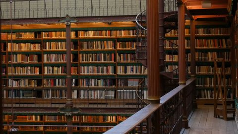 Beautiful vintage bookshelves in the old library in Rijksmuseum, Amsterdam