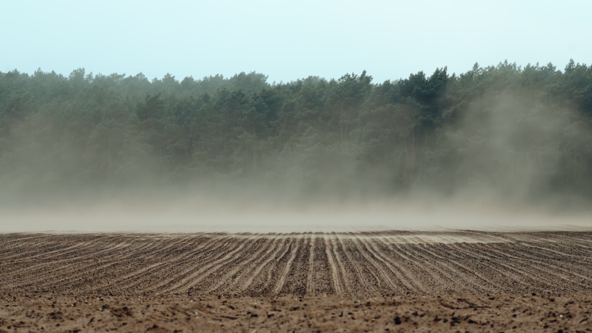 Dust clouds created by strong wind whirls causing top soil erosion and land degradation in northern Germany. Royalty-Free Stock Footage #1029677942
